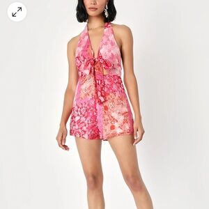 Paloma Party Pink Patchwork Tie-Front Cutout Paisley Romper
